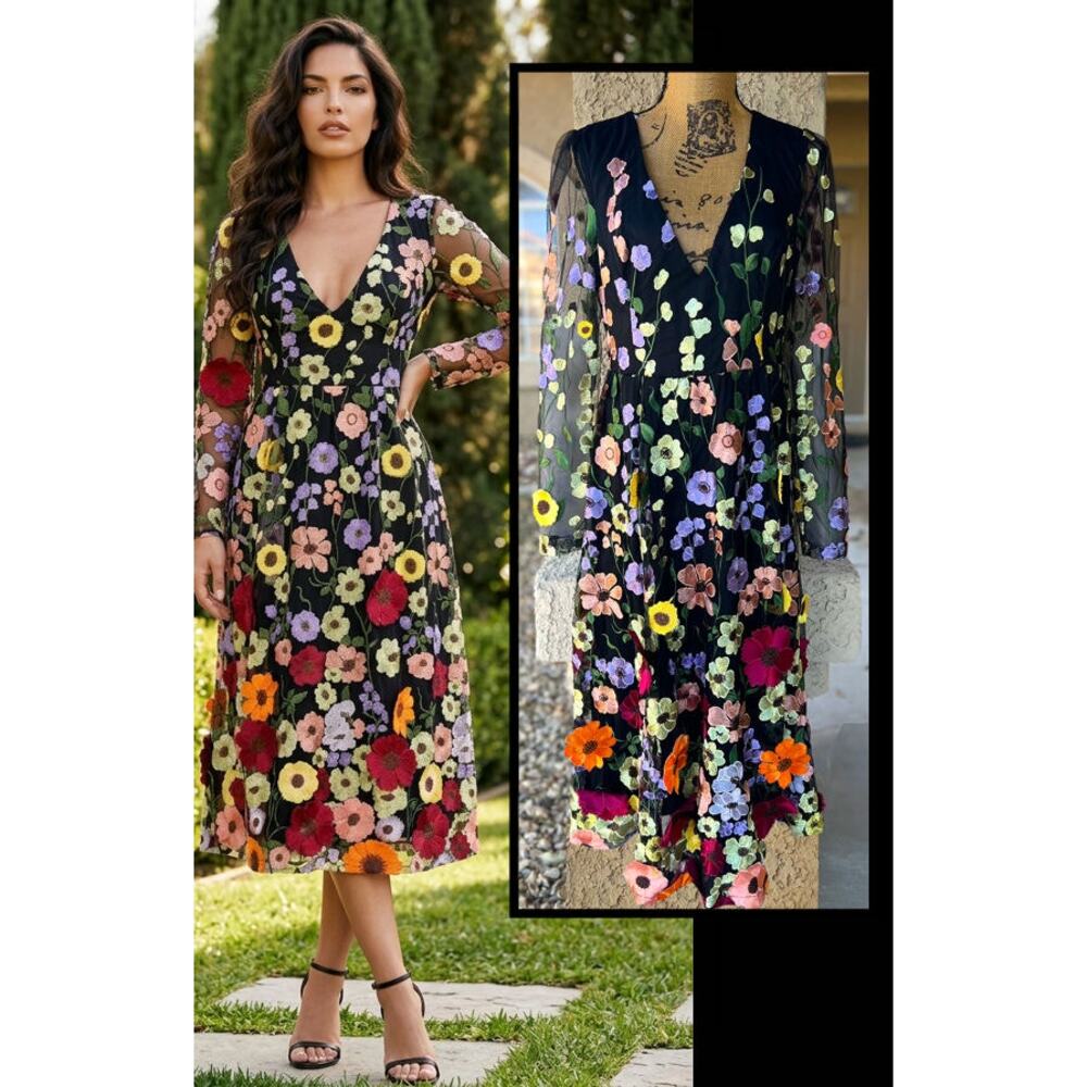 Lulus Black 3D Floral Embroidered Impressive Blossom Midi Dress Size S